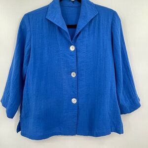 Fridaze Blue Linen V-Neck 3/4 Sleeve Collared Button Up Sailor Jacket XS